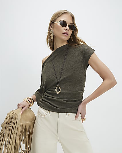 Khaki Short Sleeve Ruched Hem Drape Top