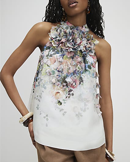 White 3D Floral Sleeveless Blouse