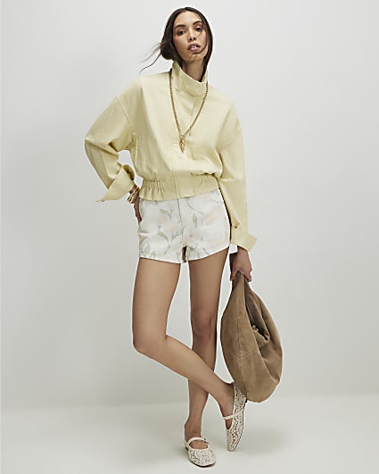 White Floral Print Elasticated A Line Shorts