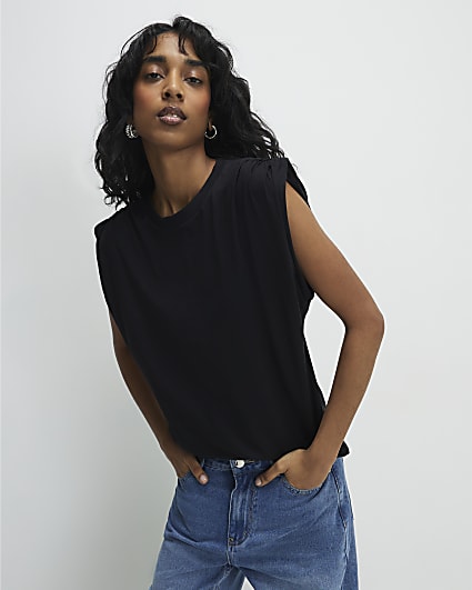Black Short Sleeve Ruched Shoulder T-shirt
