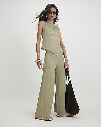 Green Lace Trim Textured Wide Leg Trousers