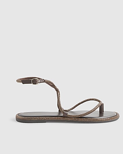 Brown Embellished Twist Mule Sandals