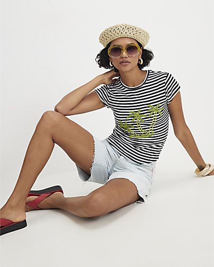 Navy Cotton Blend Striped Beaded Palm T-shirt