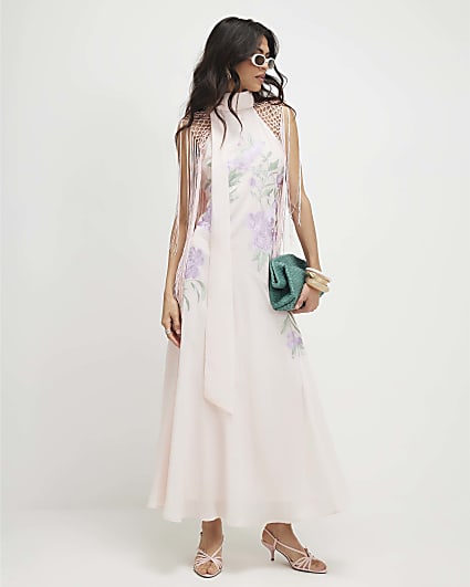Pink Halter Embroidered Tassel Midi Dress