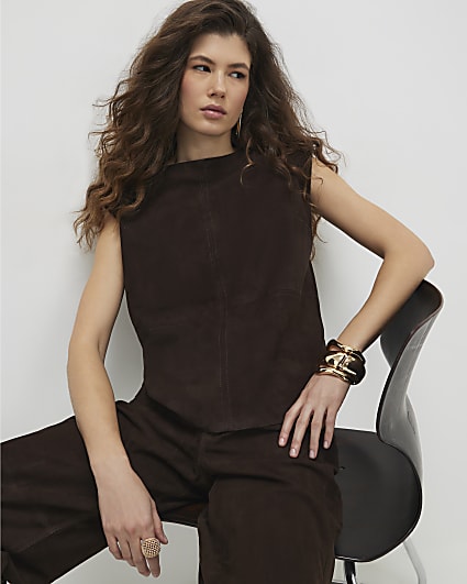 Brown Suede Slash Neck Top