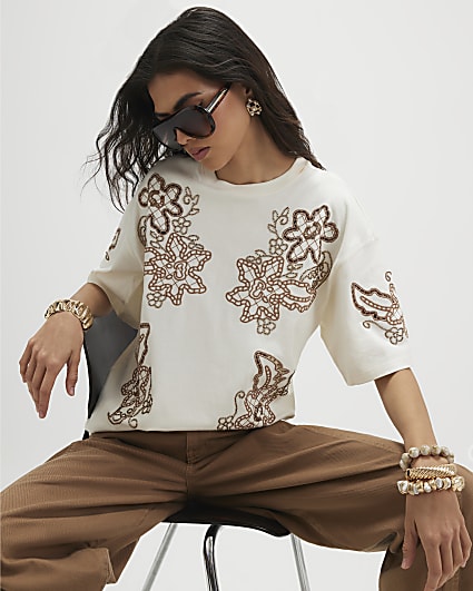 Cream Floral Embroidered Beaded T-Shirt
