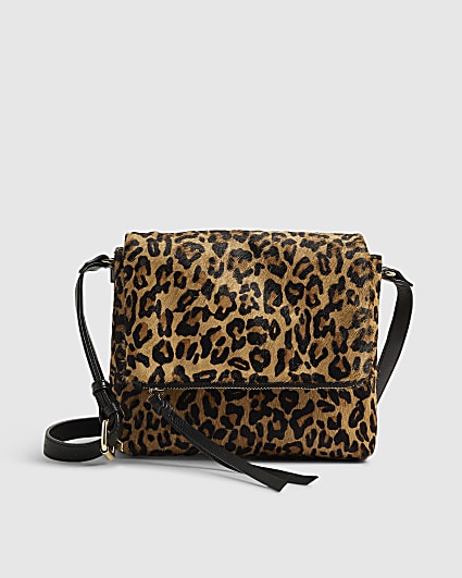 Brown Leather Leopard Print Cross Body Bag