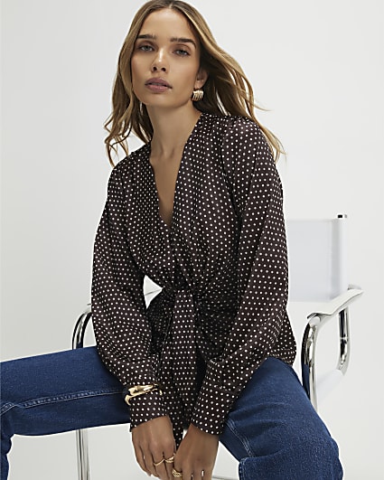 Brown Satin Spot Print Knot Front Top