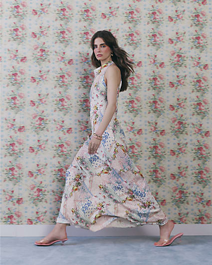 Cream Halter Neck Slip Floral Dress