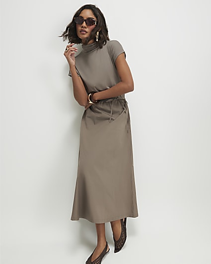 Khaki Short Sleeve Tie Waist Midi Dress