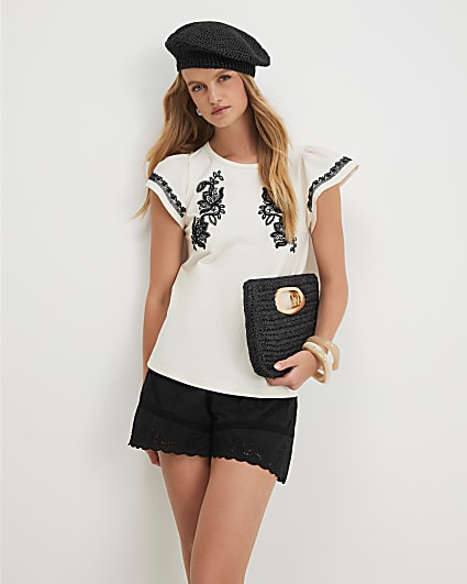 Cream Cotton Poplin Applique Blouse