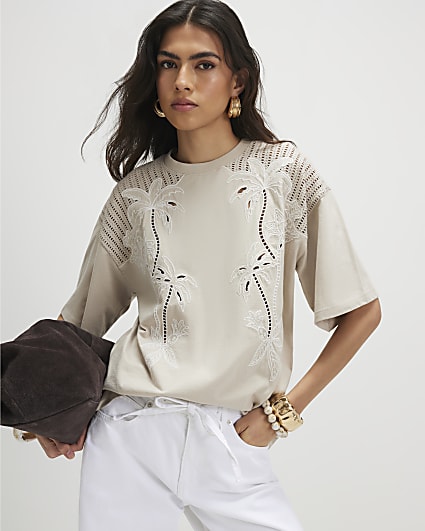 Beige Cotton Blend Palm Broderie T-shirt