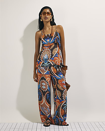 Brown Palm Print Wide Leg Trousers