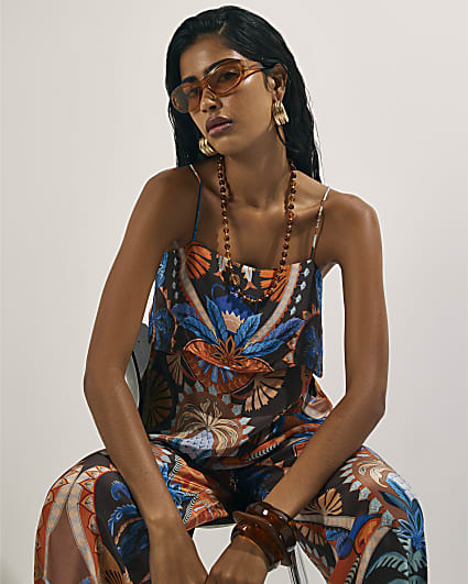 Brown Palm Print Tiered Cami Top