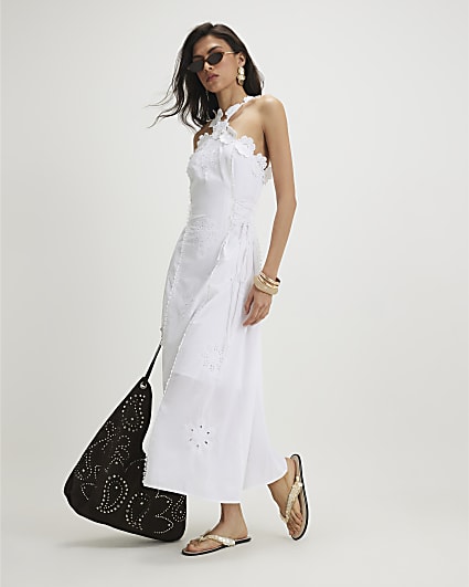White Cotton Crochet Motif Midi Dress