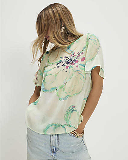Green Short Sleeve Blurred Floral Print Top