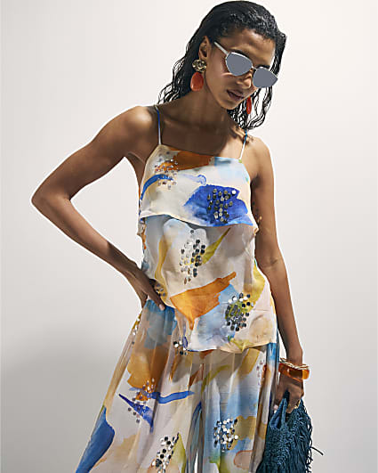 Cream Blur Print Tiered Cami Top