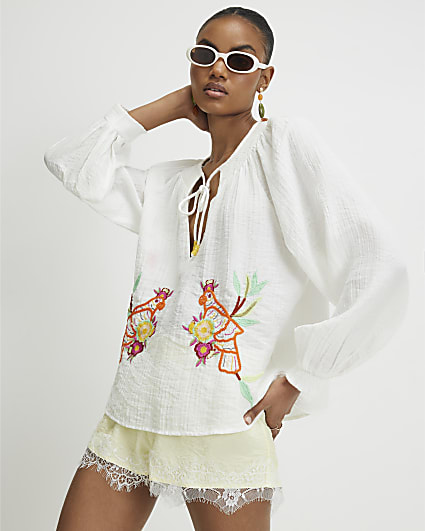 White Cotton blend Parrot Boutique Blouse