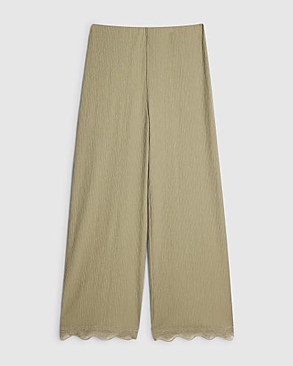 Petite Green Lace Trim Textured Wide Trousers