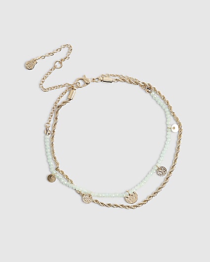 Gold beaded coin detail 2 pack anklets