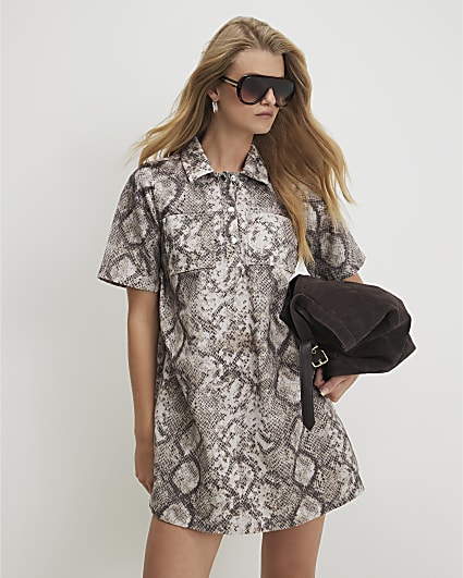 Beige Denim Snake Print Mini Dress