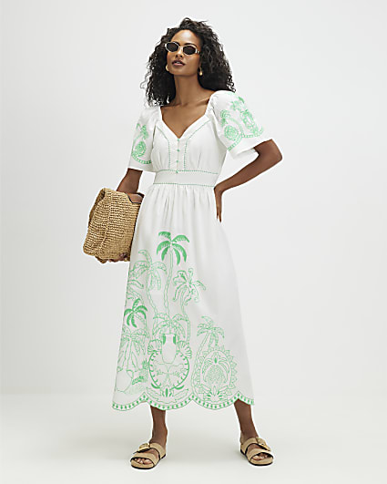 White Cotton Palm Embroidered Maxi Dress