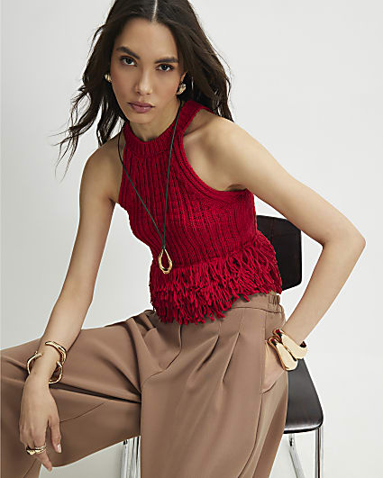Red Knitted Fringe Trim Vest