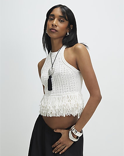 Cream Fringe Vest