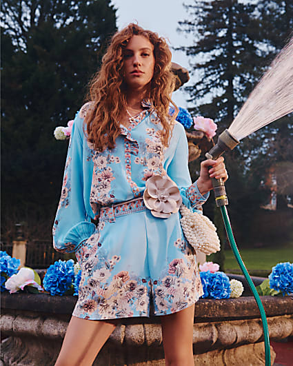 Blue Floral Boarder Print Blouse