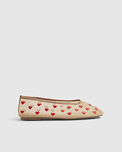 Beige Heart Mesh Ballet Flats