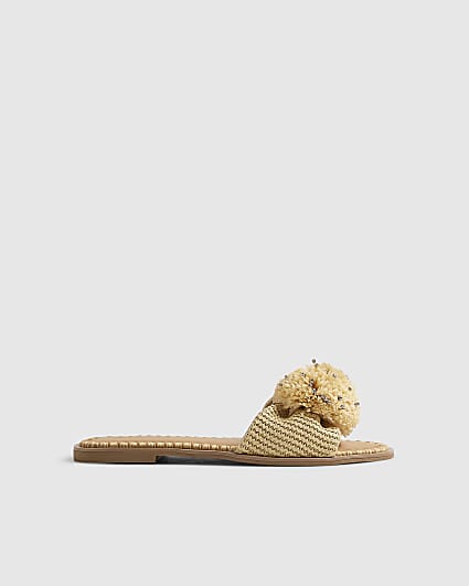 Beige Diamante Pompom Flat Sandals