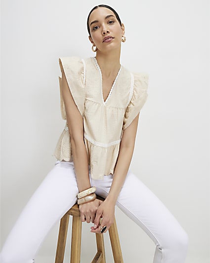 Beige Embroidered V Neck Blouse