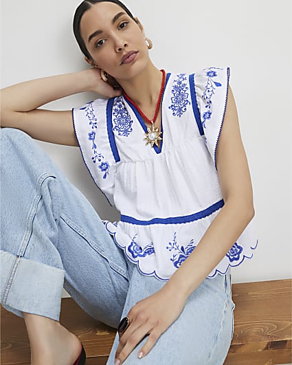 White Cotton Embroidered V Neck Blouse