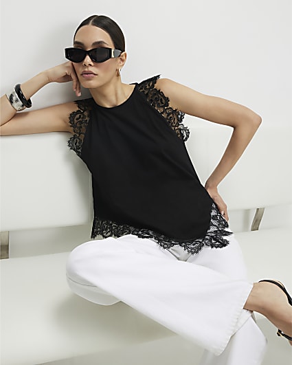Black Cotton Asymmetric Lace Trim Top