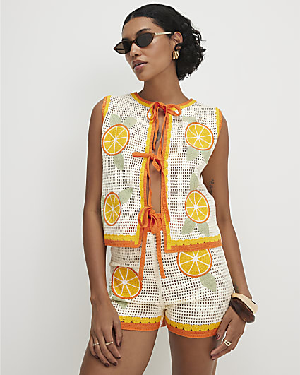 White Crochet Knit Orange Patch Shorts