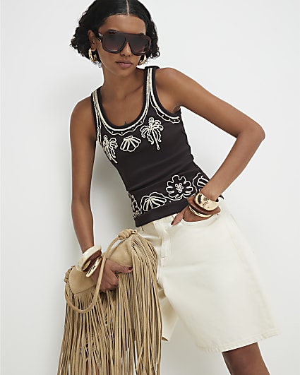 Brown Embroidered Scoop Neck Tank Top