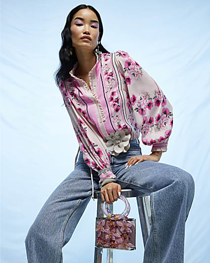 Pink Floral Half Placket Blouse