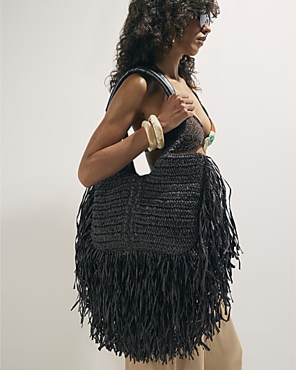 Brown Raffia Fringed Tote Bag