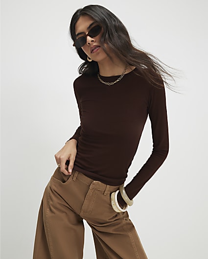 Brown Long Sleeve Semi Sheer Top