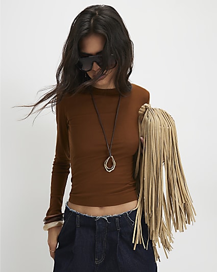 Brown Semi Sheer Long Sleeve Top