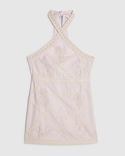Petite Pink Embroidered Halter Mini Dress