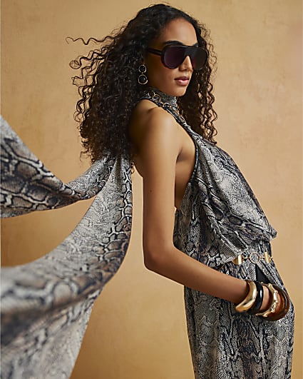 Grey Snake Halter Neck Bubble Hem Top