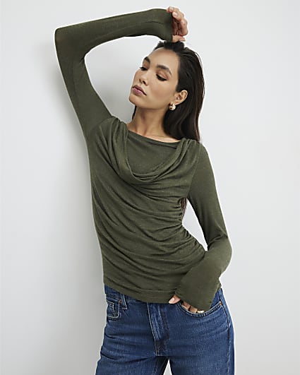 Khaki Long Sleeve Drape Layered Top