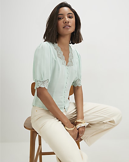 Green Lace Trim Blouse
