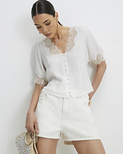 Cream Lace Trim Short Sleeve Blouse