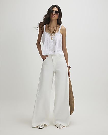 White Pleat Wide Leg Jeans