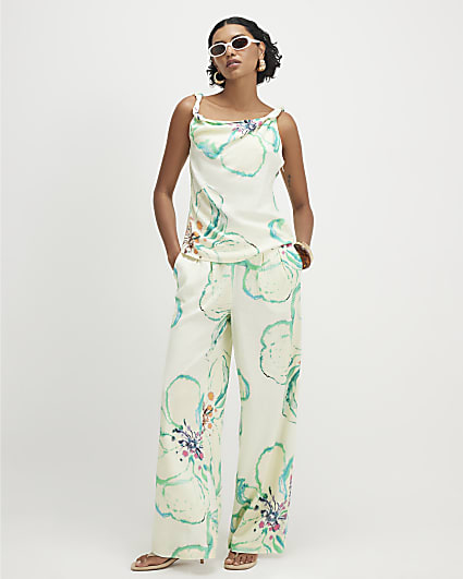 Green Linen Blend Printed Wide Leg Trousers