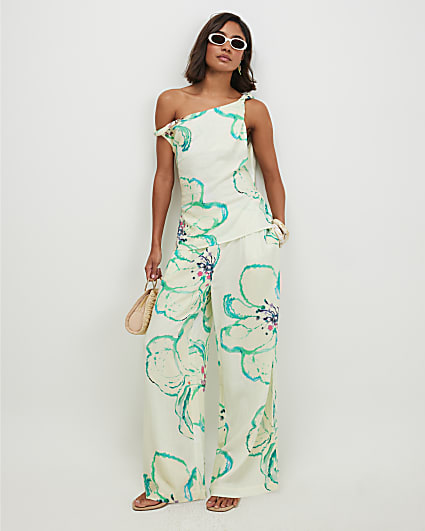 Green Linen Blend Printed Wide Leg Trousers