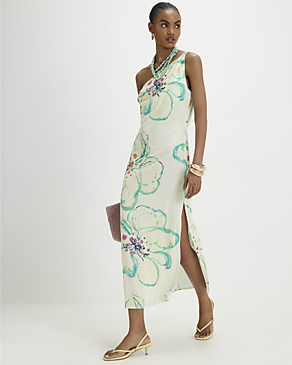 Green Linen Blend Asymmetric Midi Dress