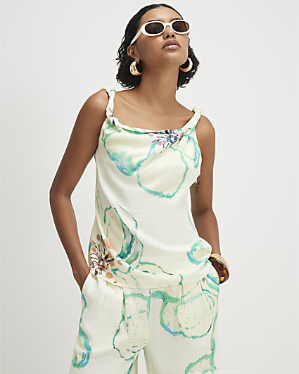 Green Linen Blend Asymmetric One Shoulder Top